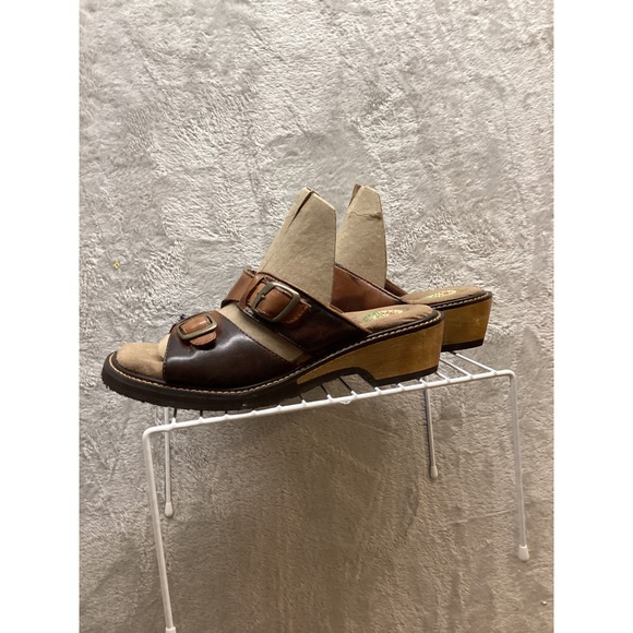 Earth Spirit Leather Buckle Slide Sandals Women Size 6 Brown Comfort Wedge - Picture 6 of 8